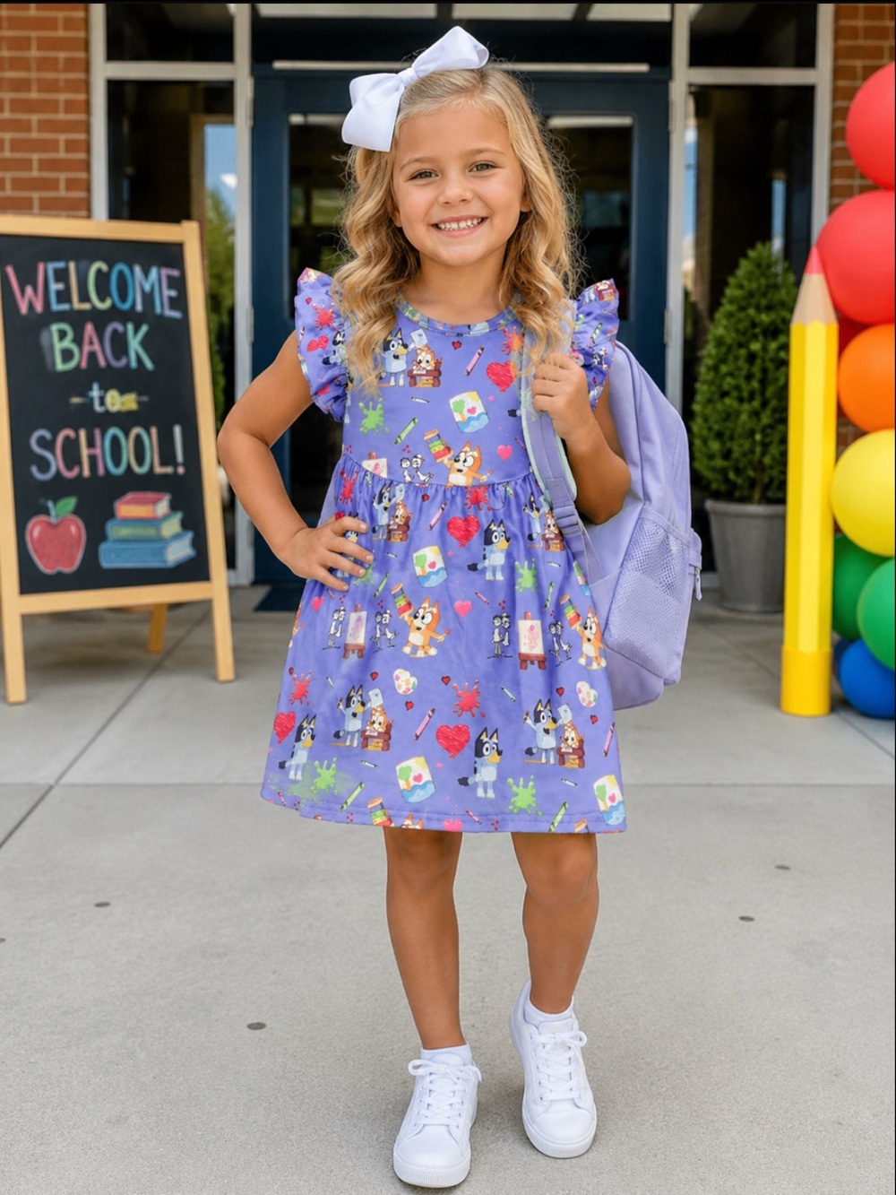 New‎ Bluey & Friends Back to School Custom Boutique Flutter Sleeve Dress Bluey